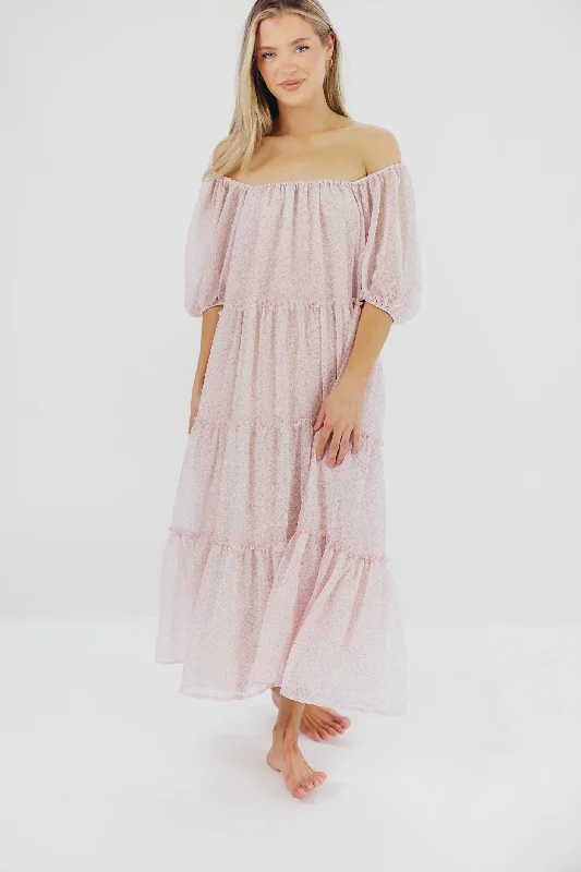 Stylish Statements Eva Puffed Sleeve Maxi Dress in Light Pink Multi - Bump Friendly & Inclusive Sizing (S-3XL)