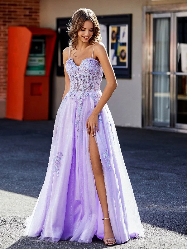 Casual Yet Stylish Separates A Line Applique Top Tulle Gown with Slit Lilac