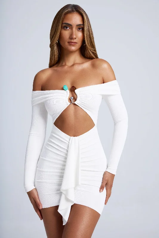 Eclectic Fashion Hardware Detail Off-Shoulder Cut-Out Mini Dress in White