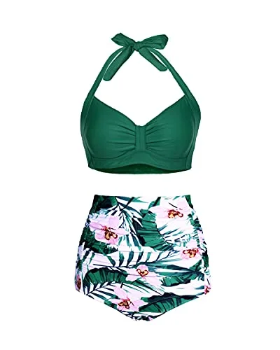 Season Offer Vintage 50S Style Slimming Women's Bikini Set-Green Tropical Floral