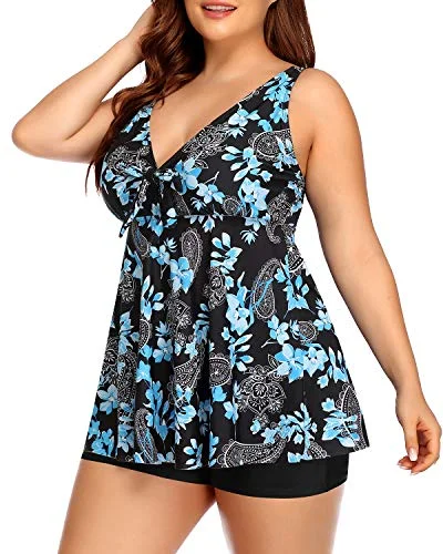 Seasonal Trends Plus Size 2 Piece Tankini Swimsuits Shorts Tummy Control Swimwear-Black Floral