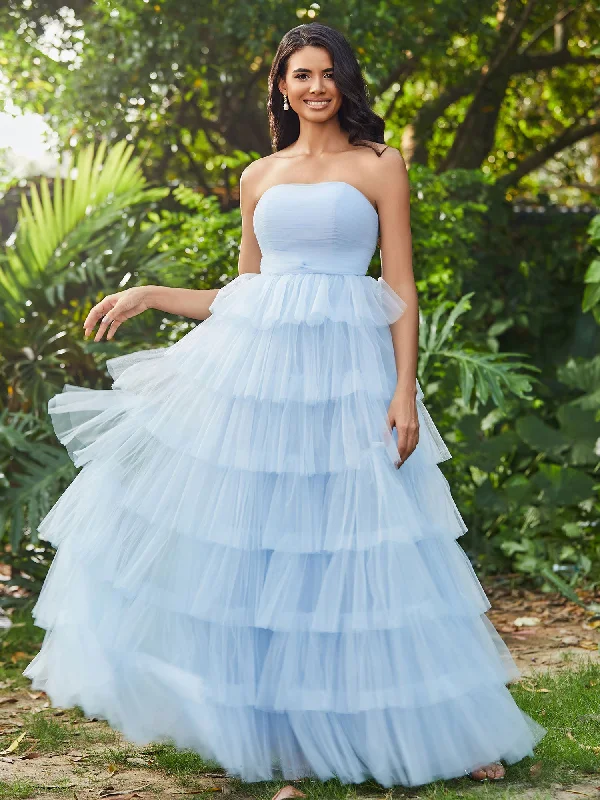 Seasonal Sale Strapless A-Line Long Tiered Prom Dress Sky Blue