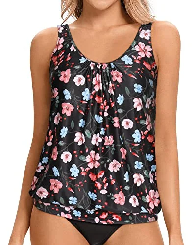 Casual Weekend Relaxed Style Flattering Black Scoop Neck Swim Top For Women-Black Floral