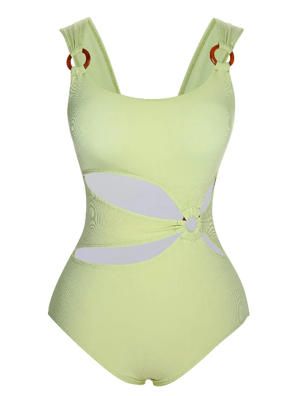 Fresh Styles, Fresh Deals Green 1950s Solid Waist Cutout Ring Swimsuit