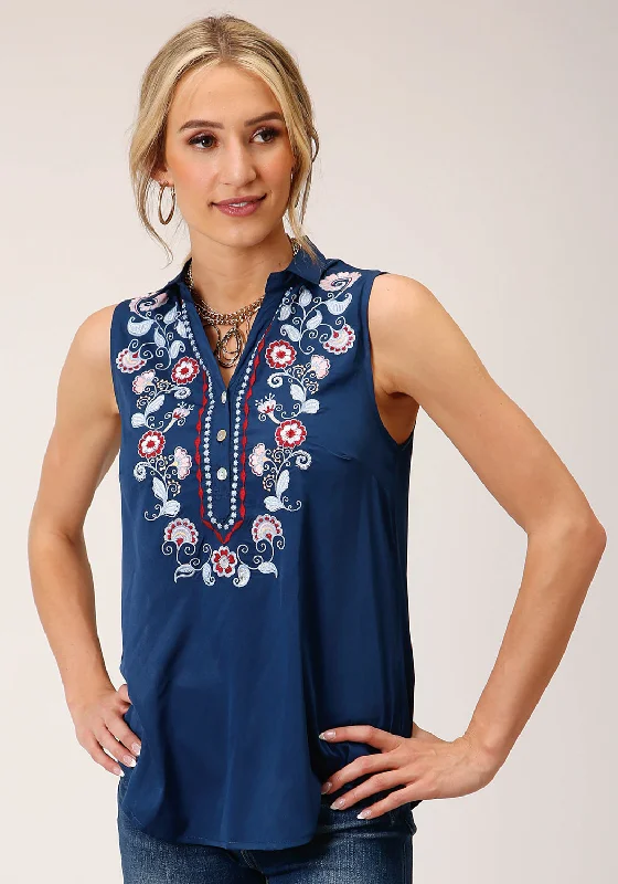 Odd Size Clearance Sale Roper Womens Floral embroidery Navy 100% Polyester S/L Blouse