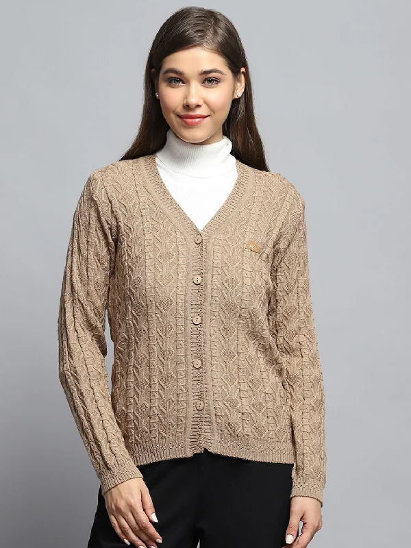 End of Season Sale Women Brown Self Design V Neck Full Sleeve Cardigan