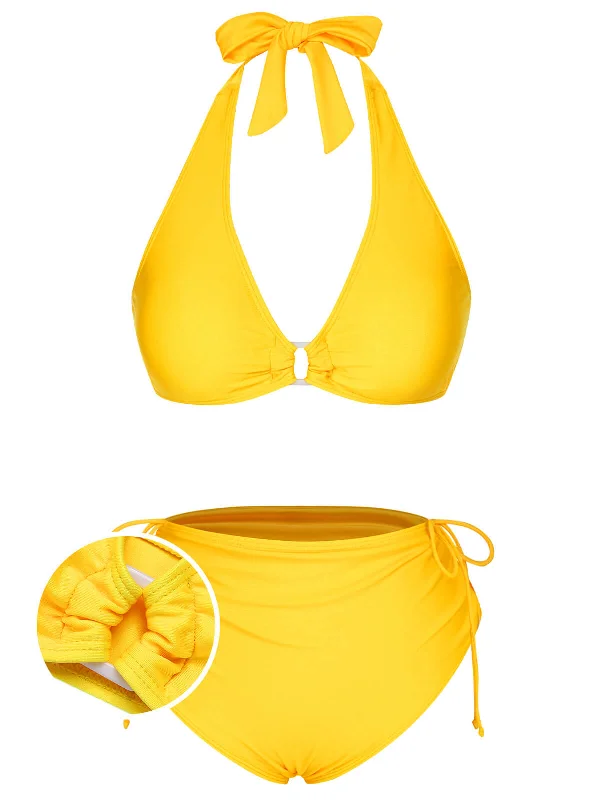 Elegant Styles Yellow 1970s Lace-Up Halter Bikini Set