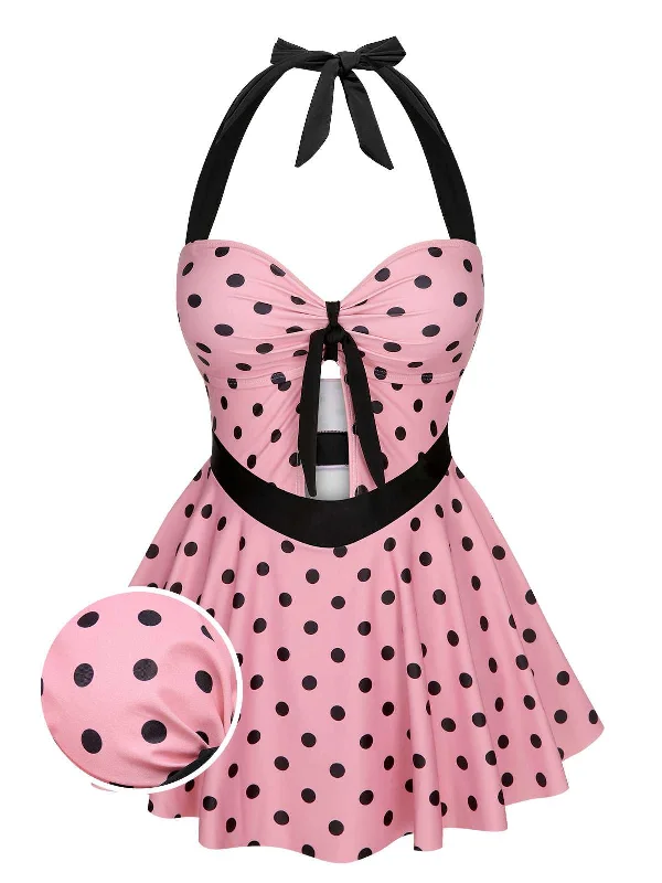 Trendy Styles Pink 1950s Halter Polka Dots One-Piece Swimsuit