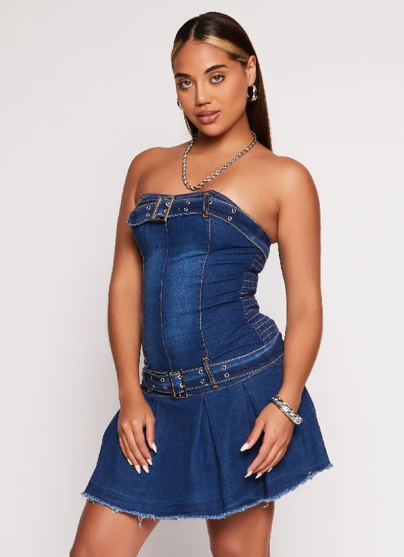 Chic Trends Unveiled Grommet Belted Strapless Pleated Denim Dress