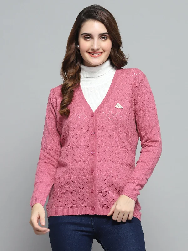 Refined Simplicity Women Pink Self Design V Neck Full Sleeve Cardigan