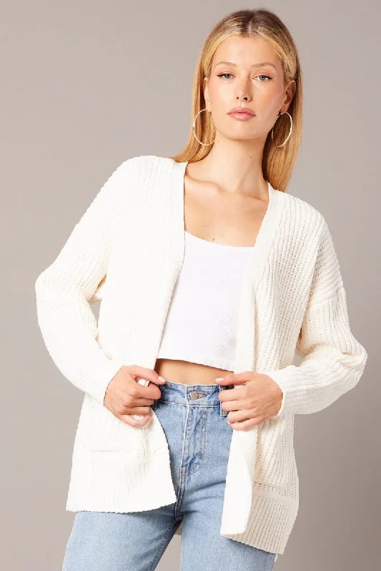 Stylish Women's Apparel White Knit Cardigan Longline Chenille