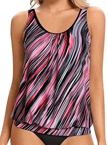 Top Brand Discounts Athletic Style Tankini Top Adjustable Straps For Women Swimwear-Pink Stripe