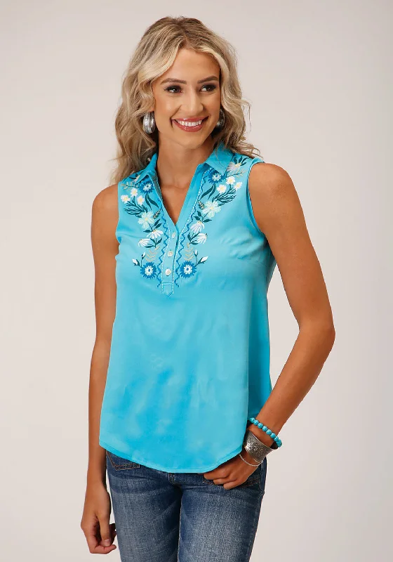 Chic And Edgy Roper Womens Colorful Embroidery Turquoise 100% Polyester S/L Shirt