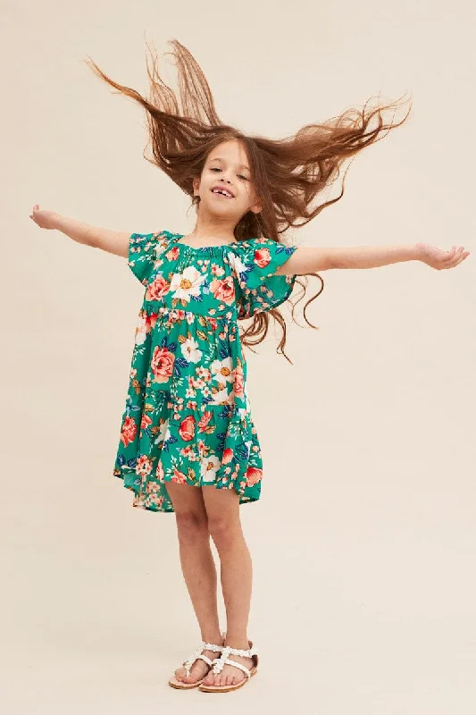 Discounts On Casual Weekend Styles Green Floral Kids Short Sleeve Midi Dress