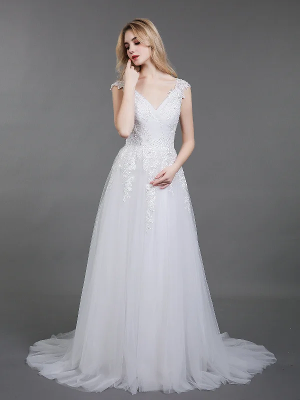 Chic Casual Style Open Back Tulle Bridal Gown with Cap Sleeves-Ivory