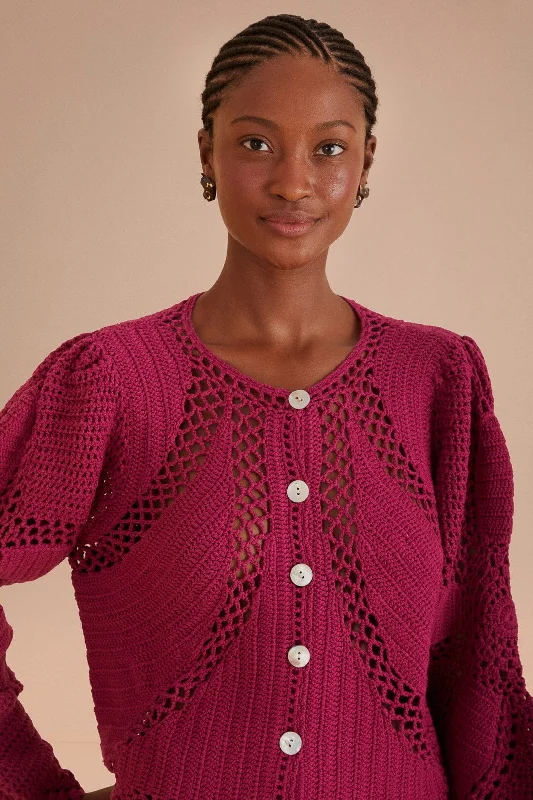 Evening Looks Pink Flower Draw Crochet Cardigan