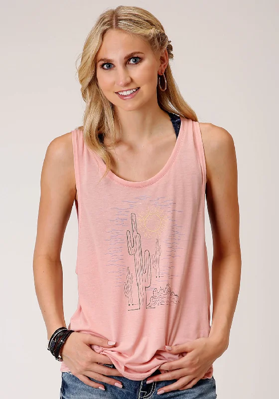 Beat The Heat In Tropical Styles Roper Womens Pink Poly/Rayon Cactus Tank Top