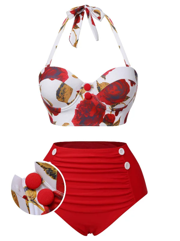 Everyday Basics Red 1940s Halter Roses Swimsuit