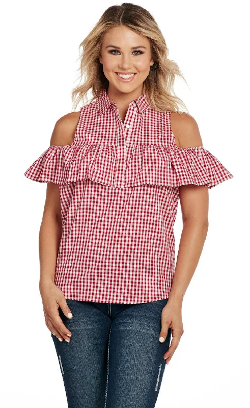 Now On Sale For Chic Urban Styles Cowgirl Up Womens Red/White 100% Cotton Gingham Flounce Tank Top S/L