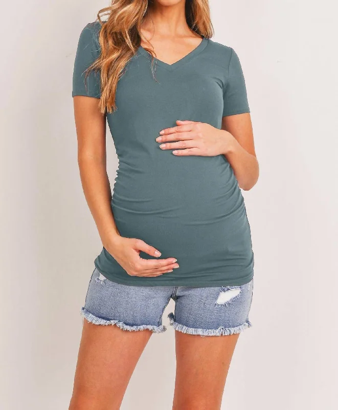 Summer Essentials Short Sleeve V-Neck Maternity Tee With Ruched Side In Sea Blue