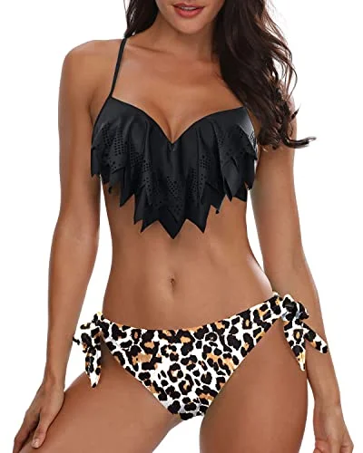 Trend Setting Threads Cheeky Push Up Underwire Bikini Sets Sexy Bathing Suits-Black And Leopard