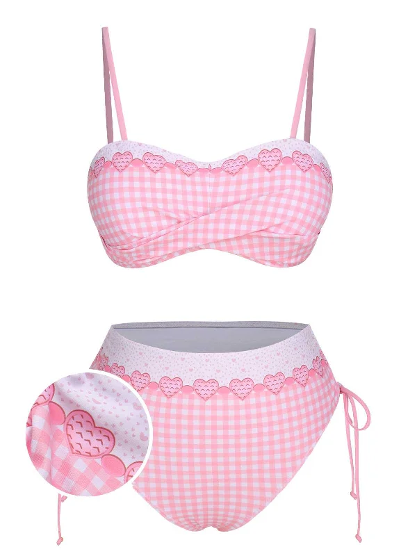 Trendy Street Style Attire Pink 1950s Spaghetti Strap Heart Plaids Swimsuit