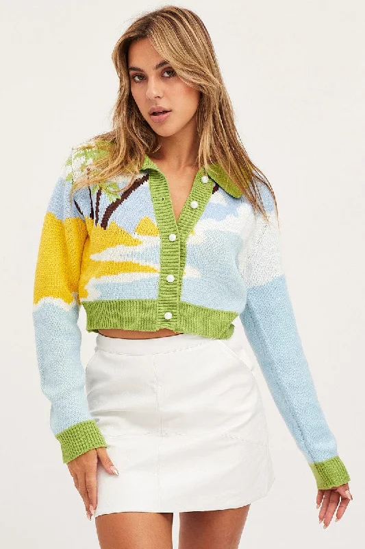 Pastel Styles Multi Knit Cardigan Long Sleeve Collared