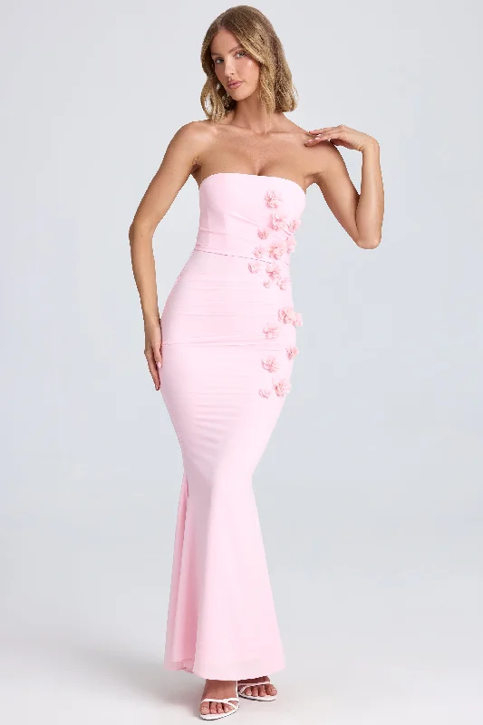 Luxury Fashion Draped Floral-Appliqué Maxi Dress in Blush