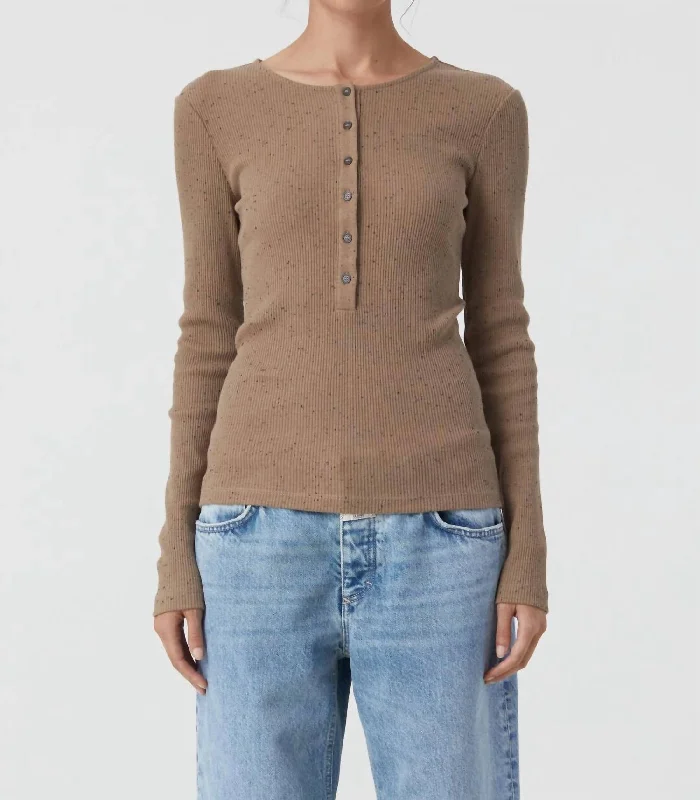 Feminine Soft - Hued Look Longsleeve Henley Top In Brown