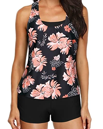 Sporty Streetwear Push Up Padded Tankini Tank Tops Bra And Boyshorts-Black Orange Floral