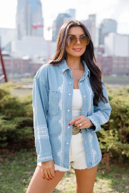 Elegant Attire For The Modern Lady Remember Me Medium Wash Embroidered Trim Chambray Shacket