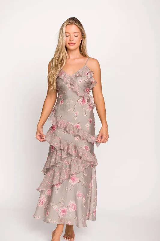 All Season Basics Discount Amelia Ruffle Maxi Dress in Grey/Pink Floral