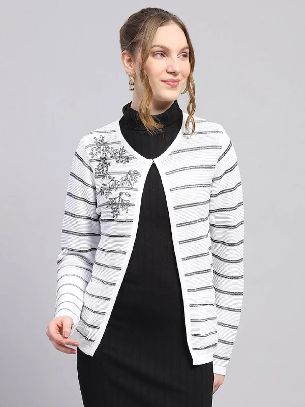 Spring Fashion Women White Stripe Round Neck Full Sleeve Cardigan