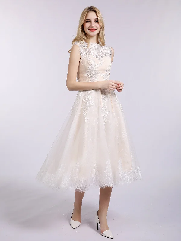 Boutique Styles Illusion Neck Lace Short Wedding Dress with Bow-Champagne