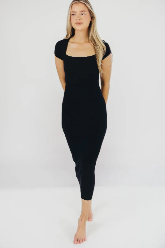 Romantic Date - Night Ensemble Wren Ribbed Knit Maxi Dress with Square Neckline in Black (XS-XL) - Worth Collective Exclusive