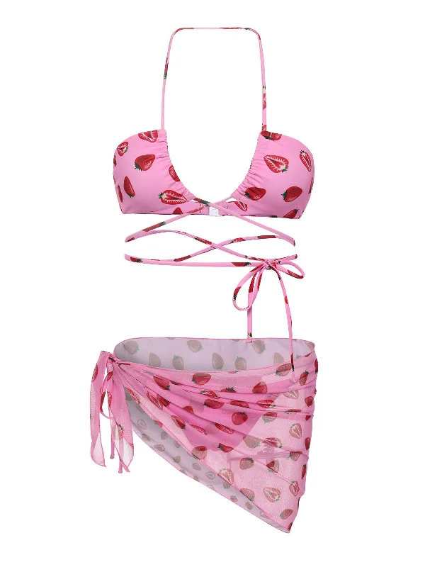 Trend Setting Wardrobe Pink 1950s Strawberry Waist Tie Halter Bikini Set