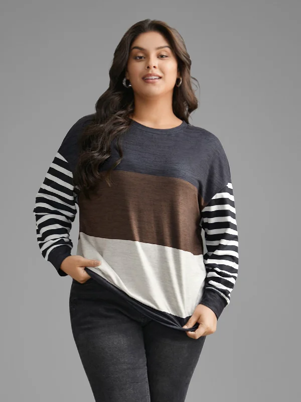 Trendy Street Style Clothing Round Neck Striped Patchwork Contrast Sweatshirt