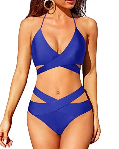 Romantic Detailing High Leg Bikini Set High Waisted Bikini Push Up Criss Cross Bathing Suit-Royal Blue