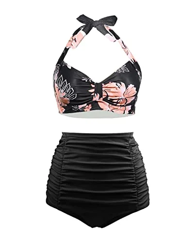 Fashion For Every Occasion 2 Piece Halter Swimsuit Women's Vintage High Waisted Bikini Set with Ruched