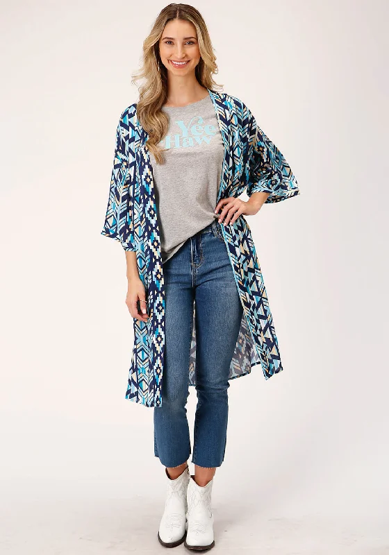 Best Sellers Roper Womens Modern Aztec Blue 100% Rayon S/S Cardigan Sweater