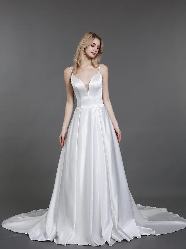 Vibrant Femme Fashion Spaghetti Strap Simple Satin Bridal Gown-Ivory