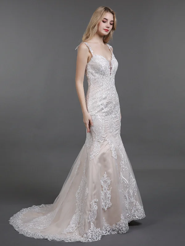 Trendy Street Style Vintage Lace Mermaid Wedding Dress with Train-Champagne