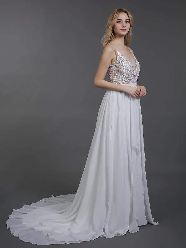 Stylish Looks Chiffon with Beaded V-neck Wedding Dress-Ivory