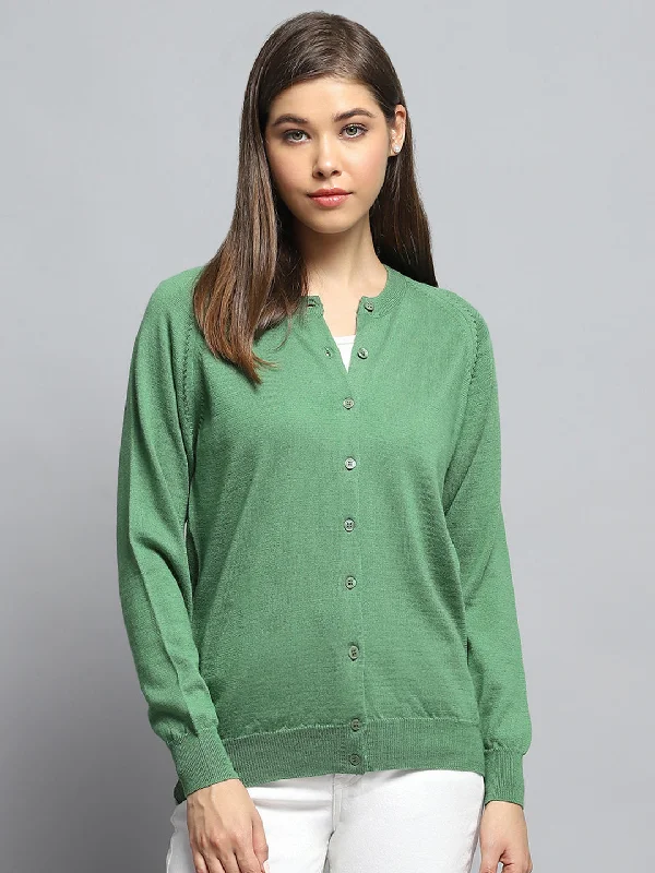 Final Clearance Women Green Solid Round Neck Full Sleeve Cardigan