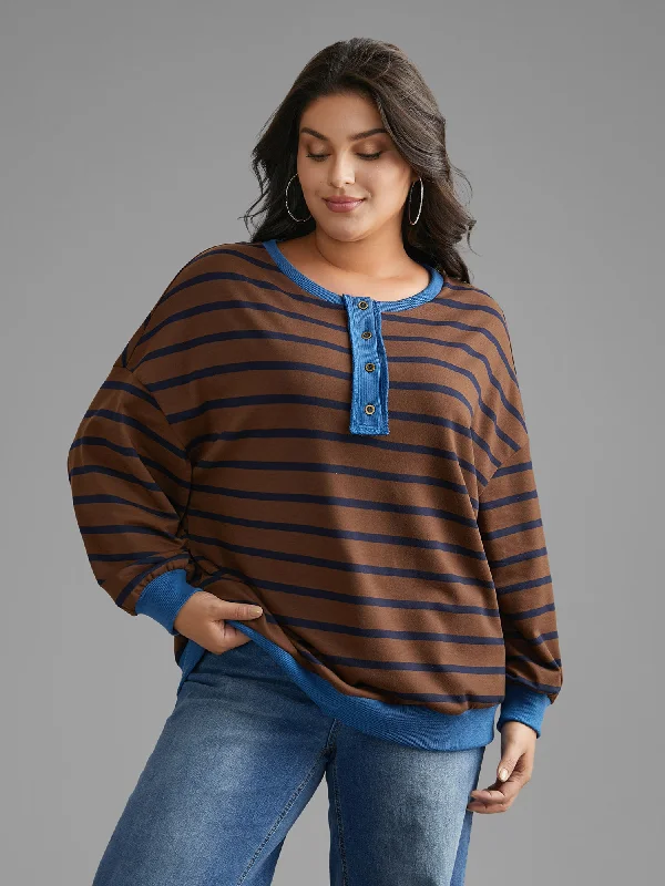 Relaxed Fashion Striped Contrast Button Up Sweatshirt