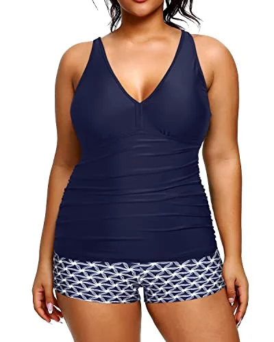 Fashion Forward Two Piece Plus Size Tankini Swimwear Shorts Tummy Control Bathing Suits-Navy Blue Tribal