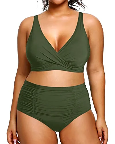 Discounts On Casual Weekend Styles Two Piece Plus Size Swimsuits For Women High Waisted Bikini Tummy Control Bathing Suits-Army Green