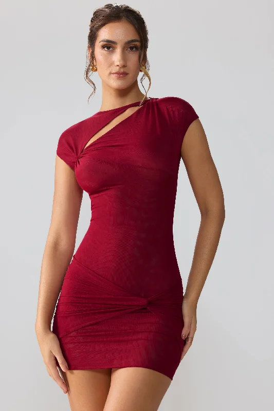 Comfort Centric Apparel Mesh Cap Sleeve Cut Out Mini Dress in Ruby