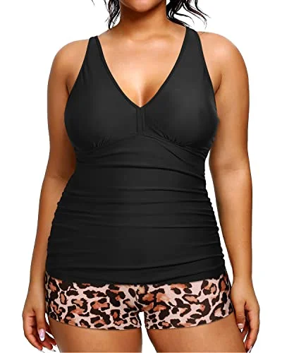 Seize Bargains Women's Plus Size Athletic Swimwear Shorts 2 Piece Bathing Suit-Black And Leopard