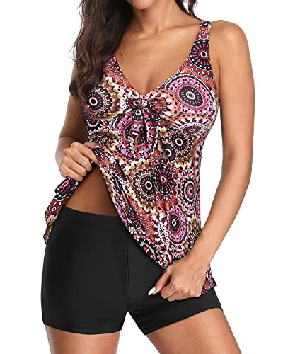 Dreamy Draping V Neck Tankini Bathing Suits Removable Padded Bras For Women-Brown Print